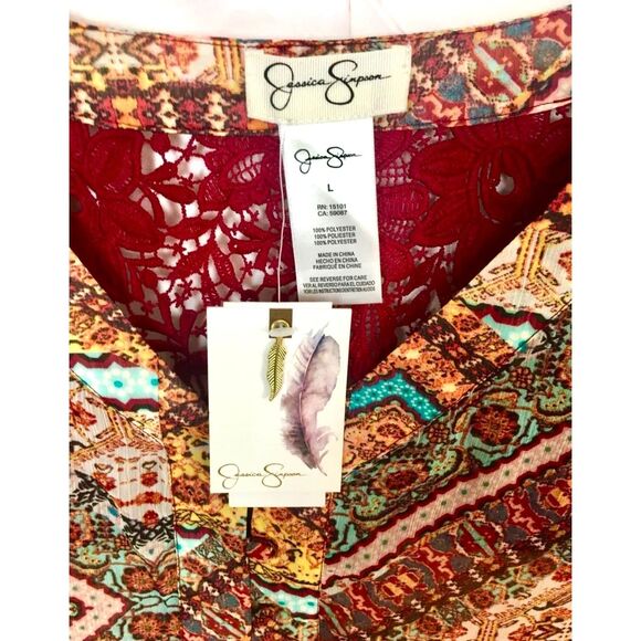 Jessica Simpson Boho Print Geometric 3/4 Sleeve Shirt Neutral Colors Size L NWT - Picture 3 of 3